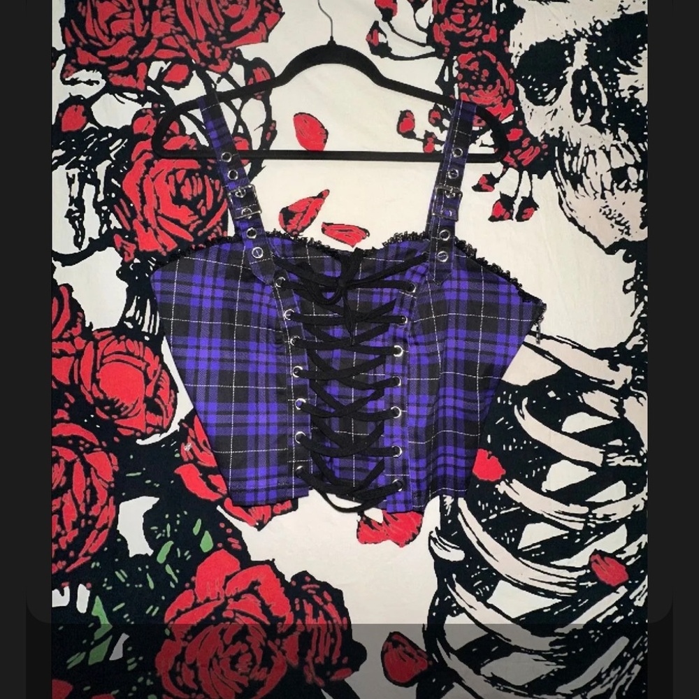 Purple Plaid Lace-Up Crop Top with Straps Goth Punk 90s